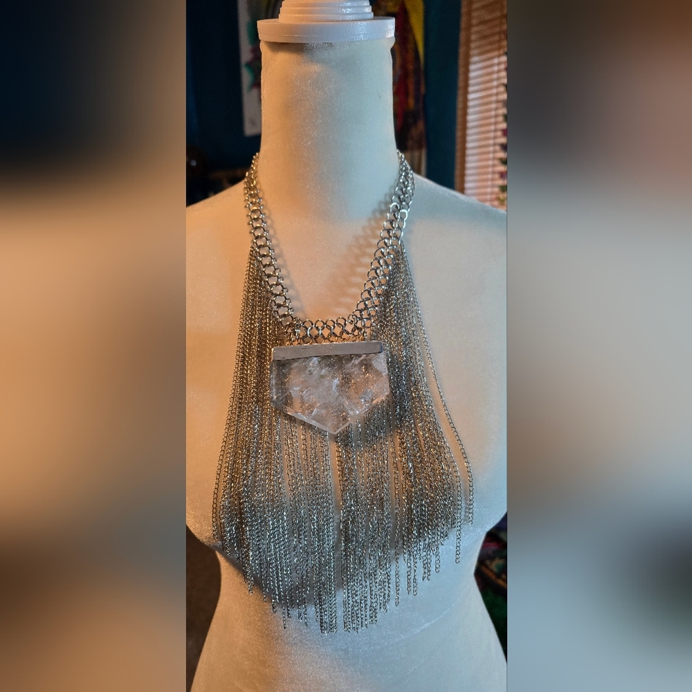 Silver Chain Clear Quartz Fringe Necklace